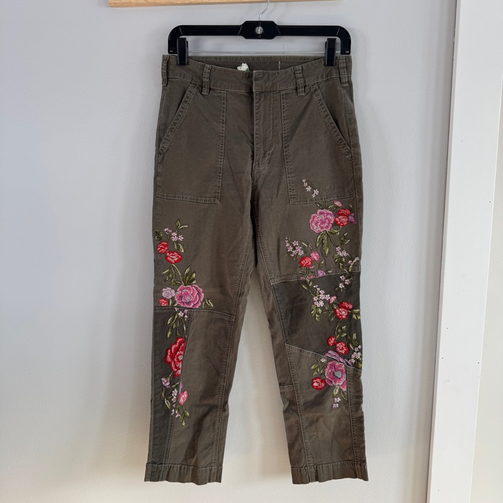 Anthropologie Floral Embroidered Green Utility Pants - Size 27